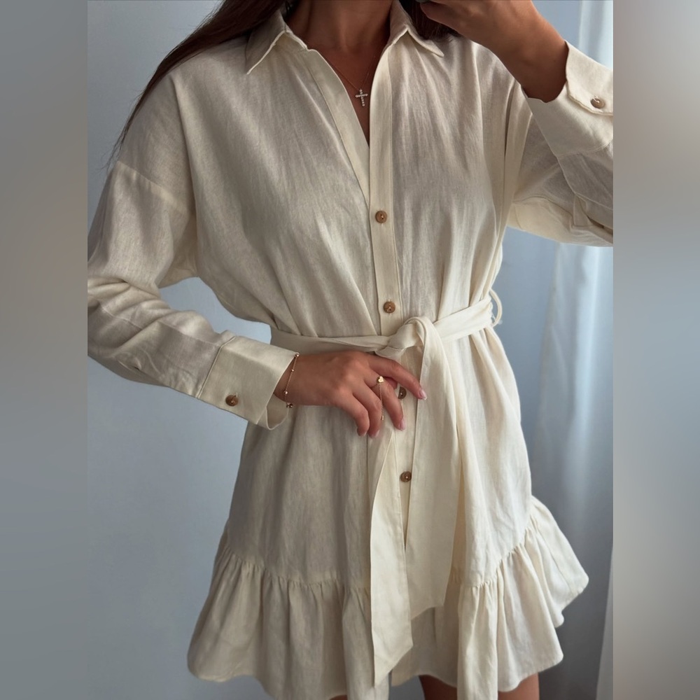 Zara Cream Long Sleeve Dress with Ruffle Hem Small